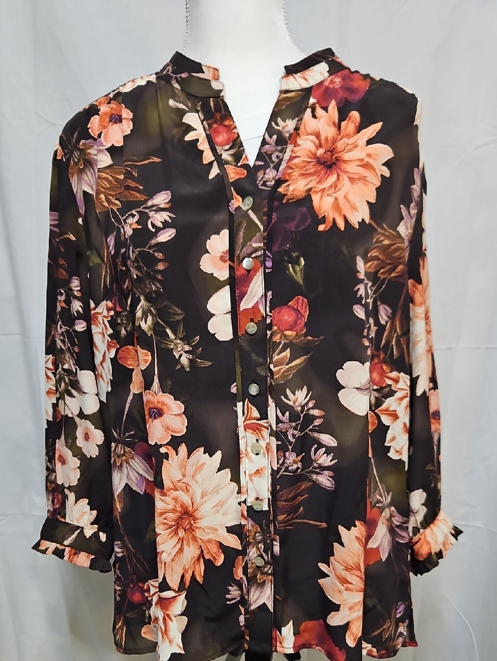 Allison Daley Brown Button-Front Floral Blouse with Peach Accents